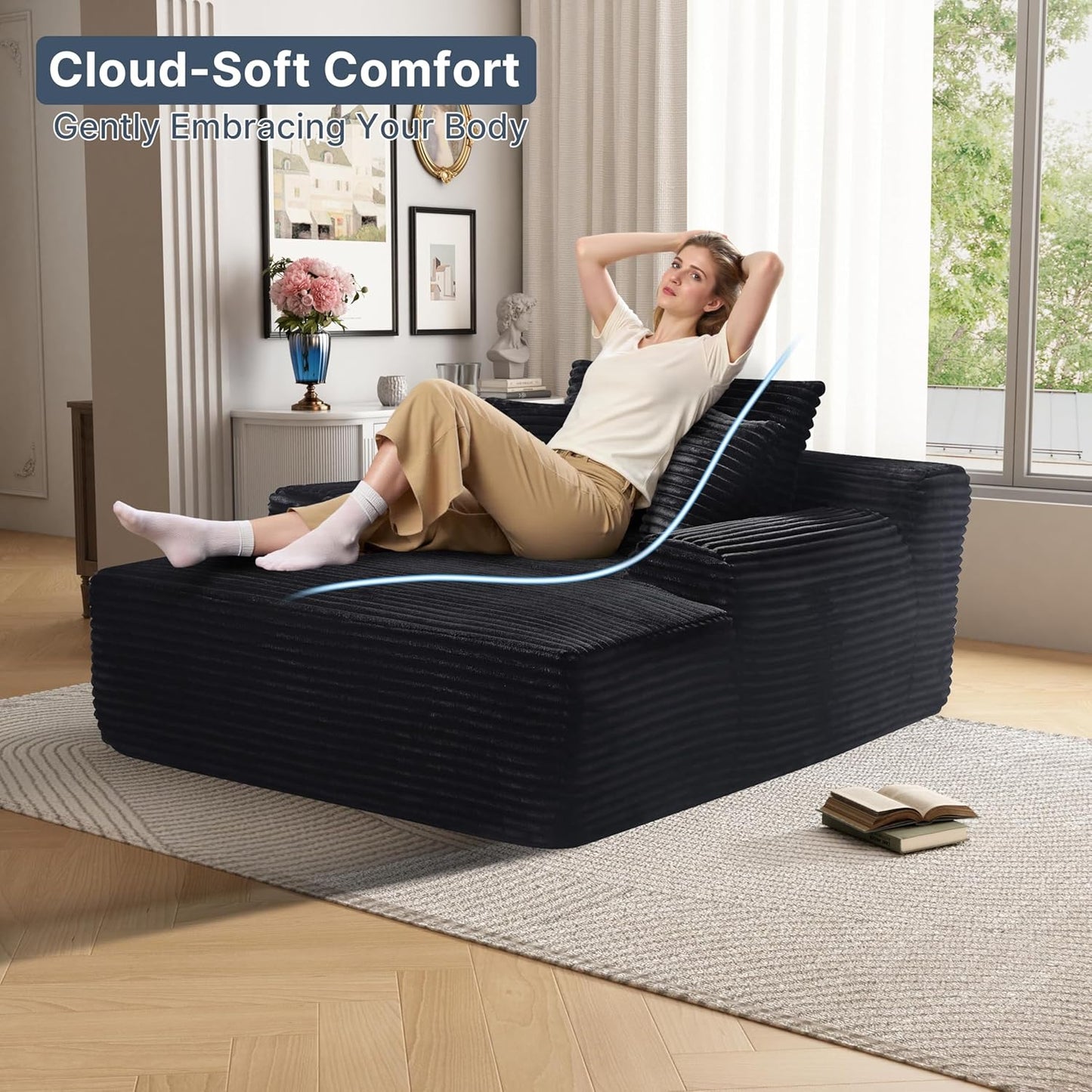 68'' Chaise Lounge Chair Indoor, Grey Plush Corduroy Cloud Couch