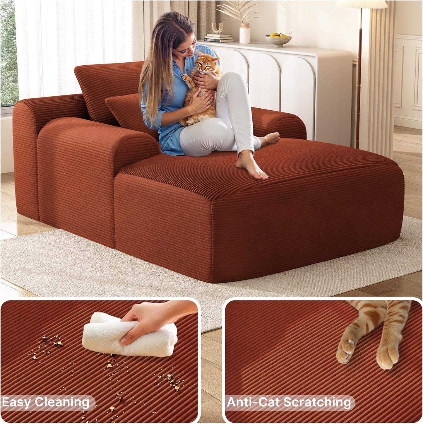 68'' Chaise Lounge Chair Indoor, Grey Plush Corduroy Cloud Couch