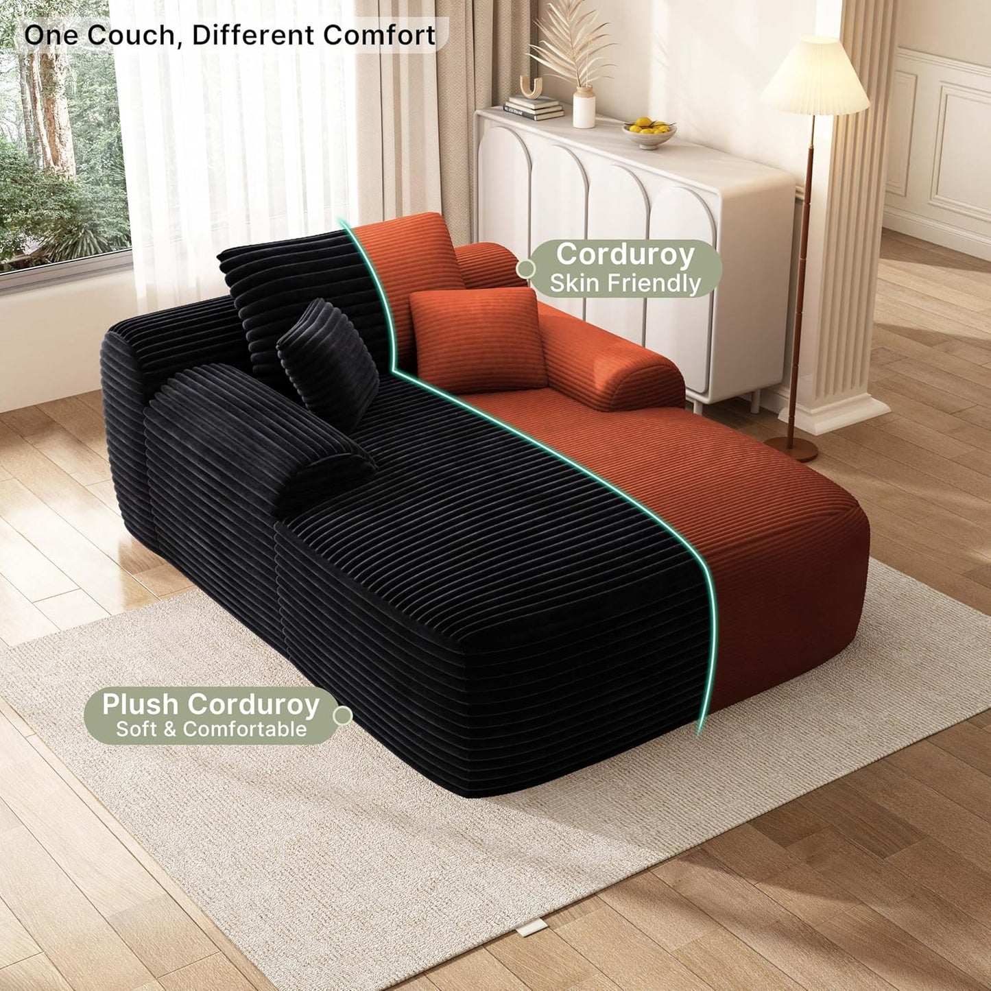 68'' Chaise Lounge Chair Indoor, Grey Plush Corduroy Cloud Couch